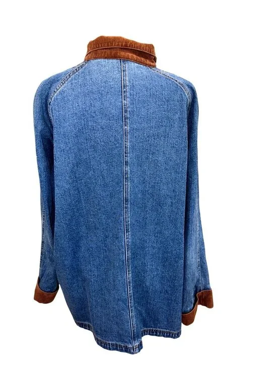 Vintage Retro 90s Denim Barn Chore Jacket Coat Corduroy Collar Cuff Womens L - Picture 2 of 9